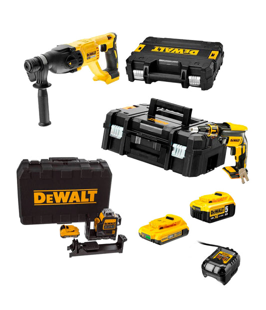 Mega Combo de plaques de guix: cargolador DCF620 + martell DCH133 + nivell DCE089D1G + 2 bateries de 18V Dewalt