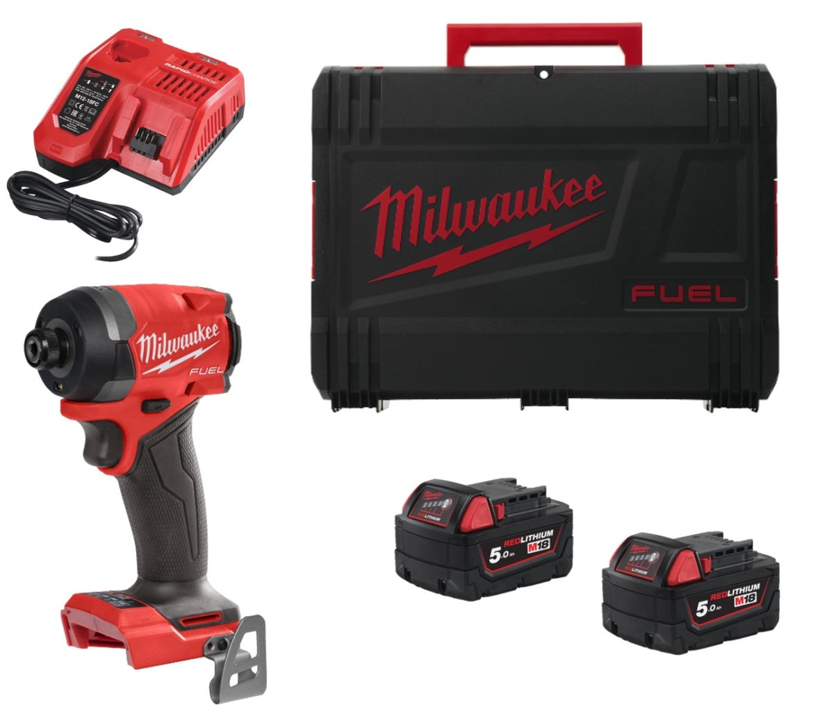 Tornavís d’impacte M18 Fuel de ¼″ hexagonal + 2 bateries de 5 Ah + carregador + maletí Milwaukee M18 FID3-502X