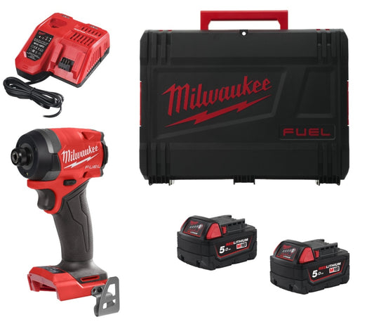 Tornavís d’impacte M18 Fuel de ¼″ hexagonal + 2 bateries de 5 Ah + carregador + maletí Milwaukee M18 FID3-502X