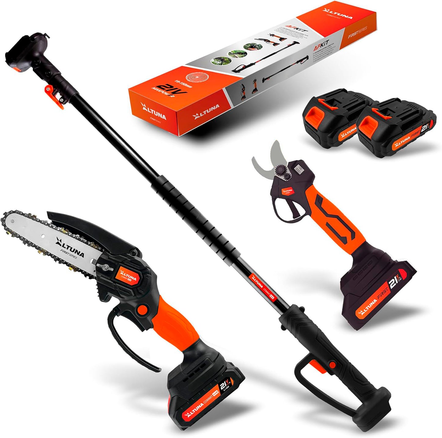 Kit de poda amb bateria amb motoserra + tisora de podar + perxa telescòpica Altuna + 2 bateries de 2Ah AFKIT