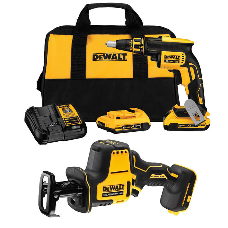 Set Dewalt DCK263D2 18V XR - Serra per a plaques de guix DCS369 + cargolador per a plaques de guix DCF620 + bossa + 2 bateries LI-ION de 2,0 Ah