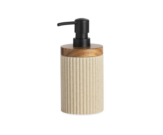 Dispensador de bany beix de poliresina i fusta d’acàcia Ø8×18 cm Andrea House