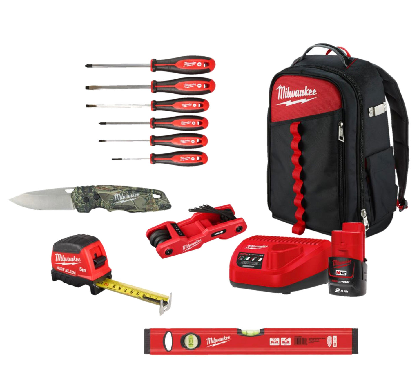 Conjunt especial amb eines manuals + carregador + bateria + motxilla Jobsite Milwaukee