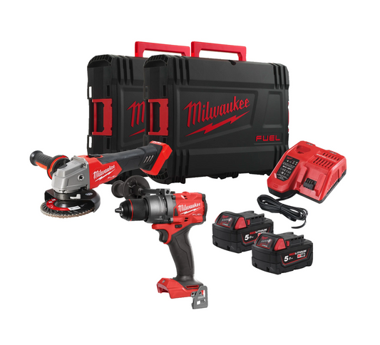 Powerpack trepant percutor + amoladora + 2 bateries de 5 Ah + carregador Milwaukee amb 2 maletins M18 FPP2E3-502X