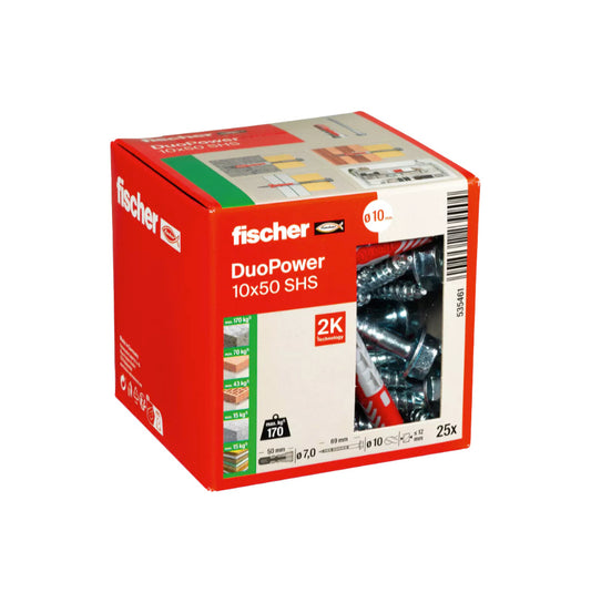 Caixa de tacs Duopower 10x50S + cargols Fischer, 25 unitats