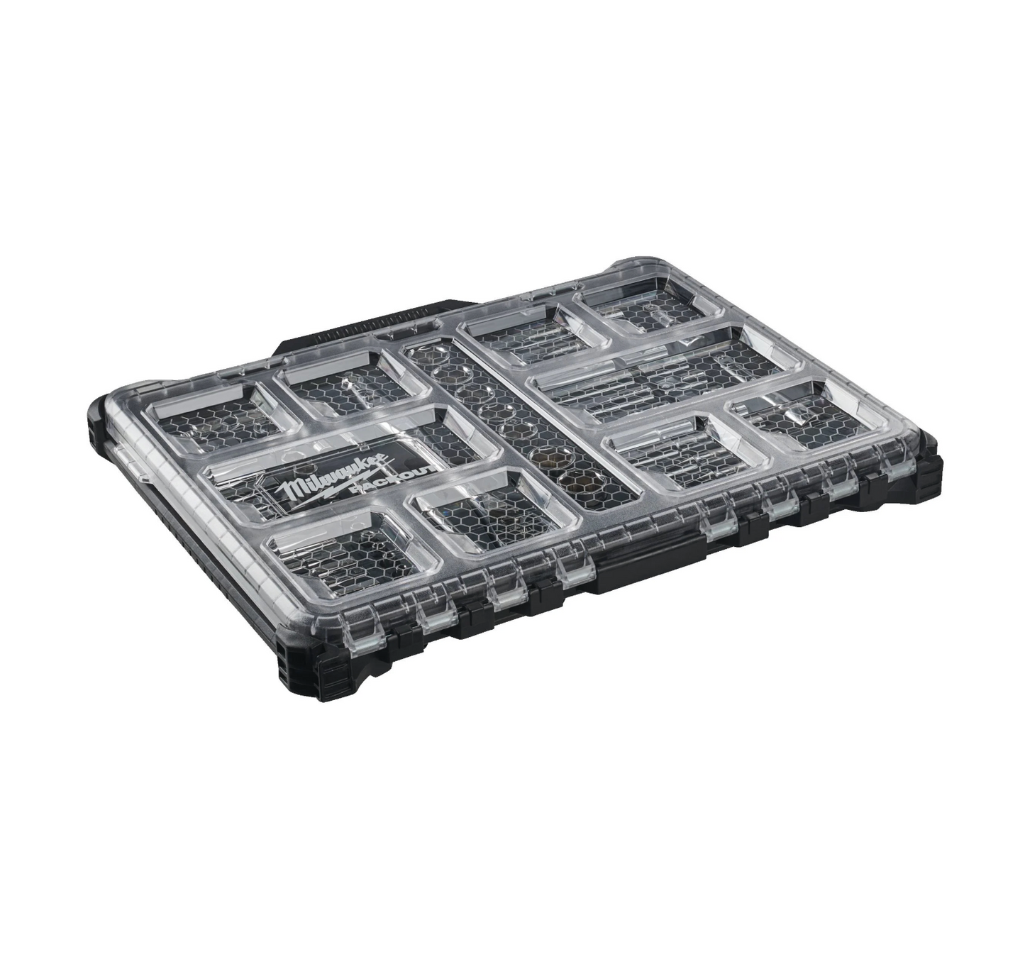 Joc de 63 peces amb vasos i carraca d’1/4" i 1/2" amb organitzador Slim compacte Milwaukee