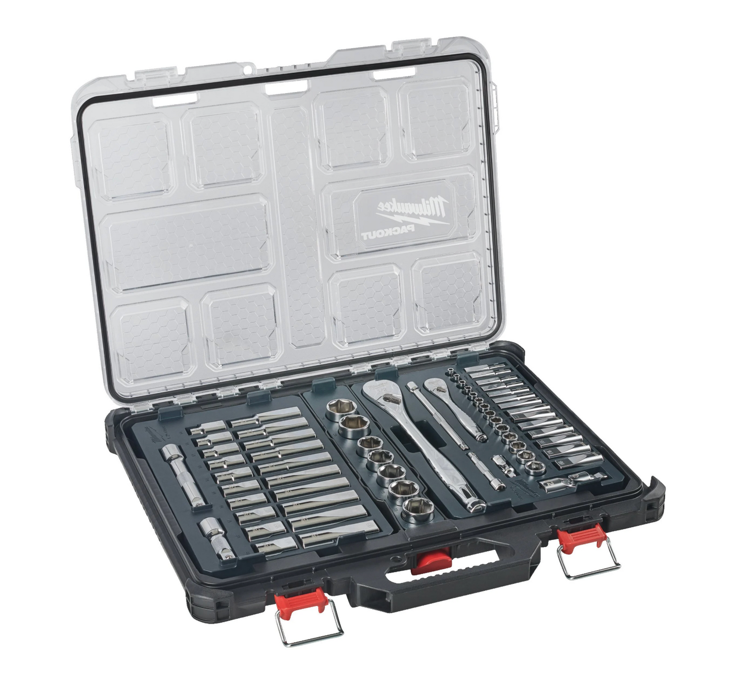 Joc de 63 peces amb vasos i carraca d’1/4" i 1/2" amb organitzador Slim compacte Milwaukee