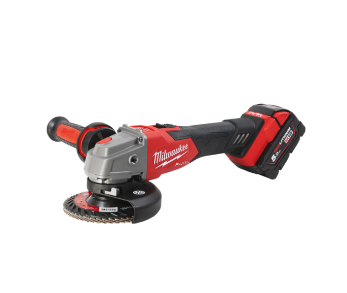 Esmoladora angular M18 de 125 mm amb fre i interruptor de botó + 2 bateries de 5 Ah + carregador + maletí Milwaukee M18 FSAG125XB-502X