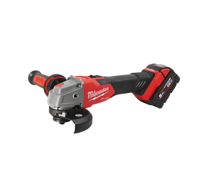 Esmoladora angular M18 de 125 mm amb fre i interruptor de botó + 2 bateries de 5 Ah + carregador + maletí Milwaukee M18 FSAG125XB-502X