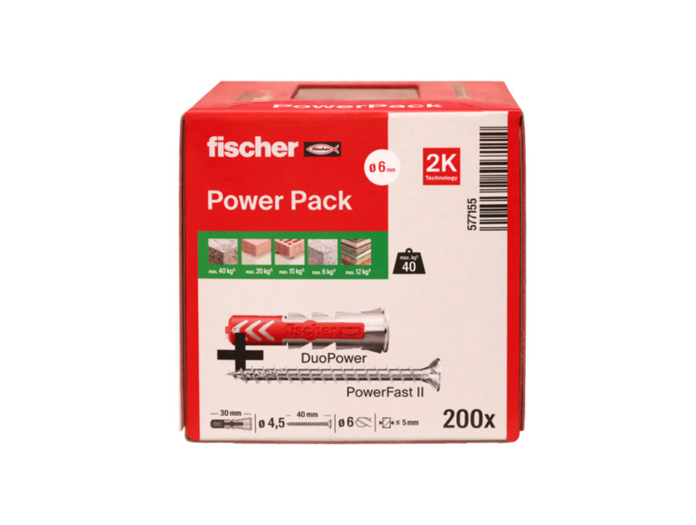 Caixa Taco Duopower 6x30 + Cargol PowerFast II 4,5x40 Fischer 200 unitats