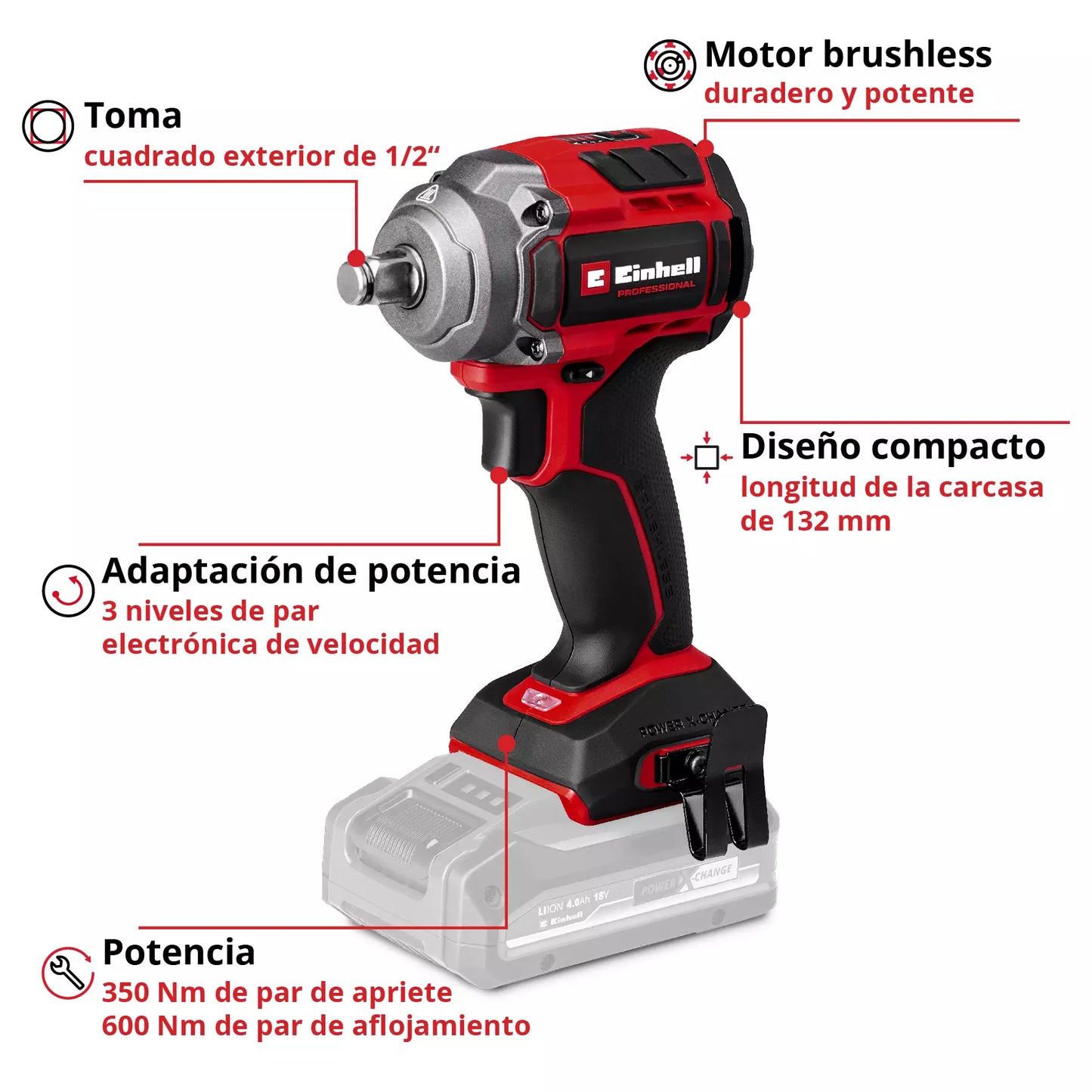 Clau d'impacte de 18V 350Nm Einhell TP-CW 18/350-C Li BL - Solo