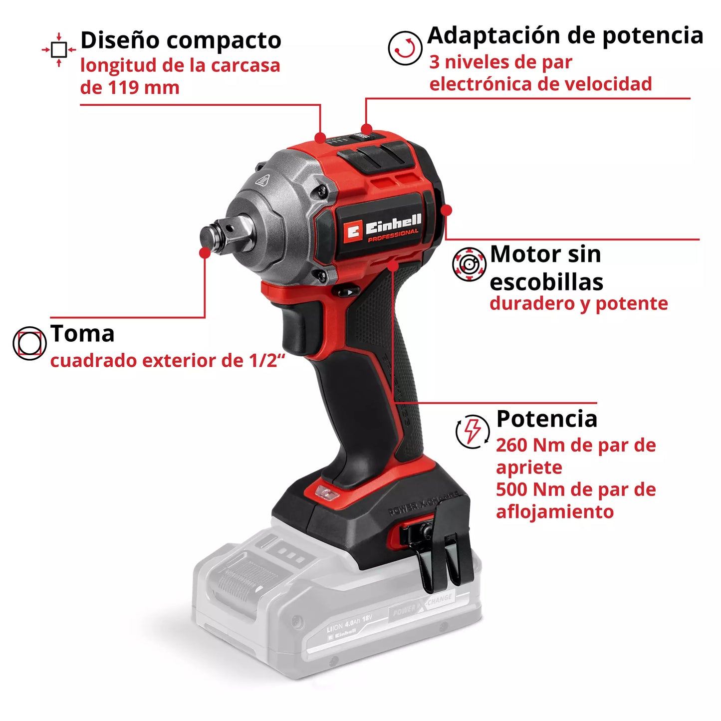 Clau d'impacte 1/2 18V 260Nm TP-CW 18/260-C Li BL - Només Einhell