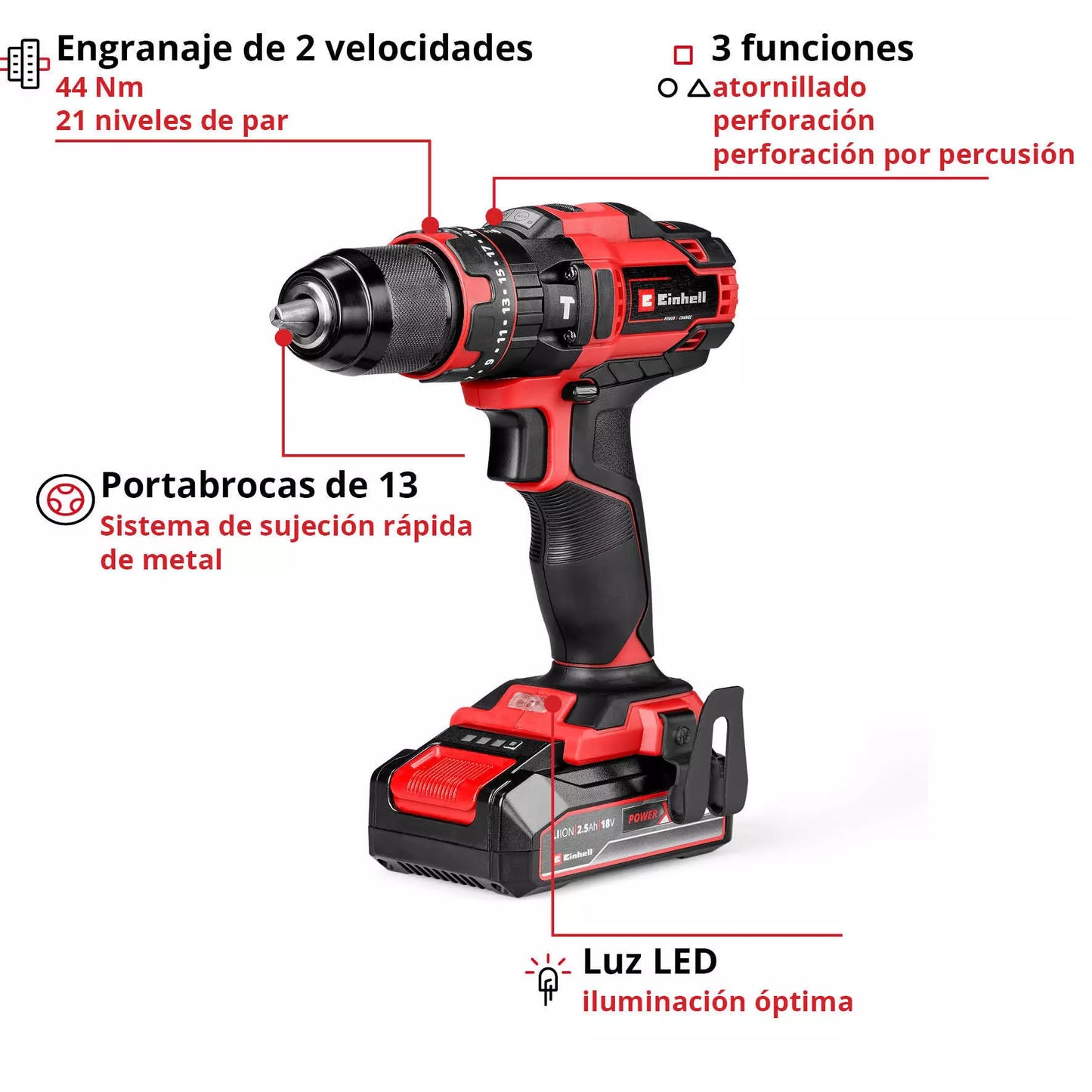 Trepant percutor amb bateria 18V amb 1bat 2,5Ah i carregador TE-CD 18/44 Li-i Einhell