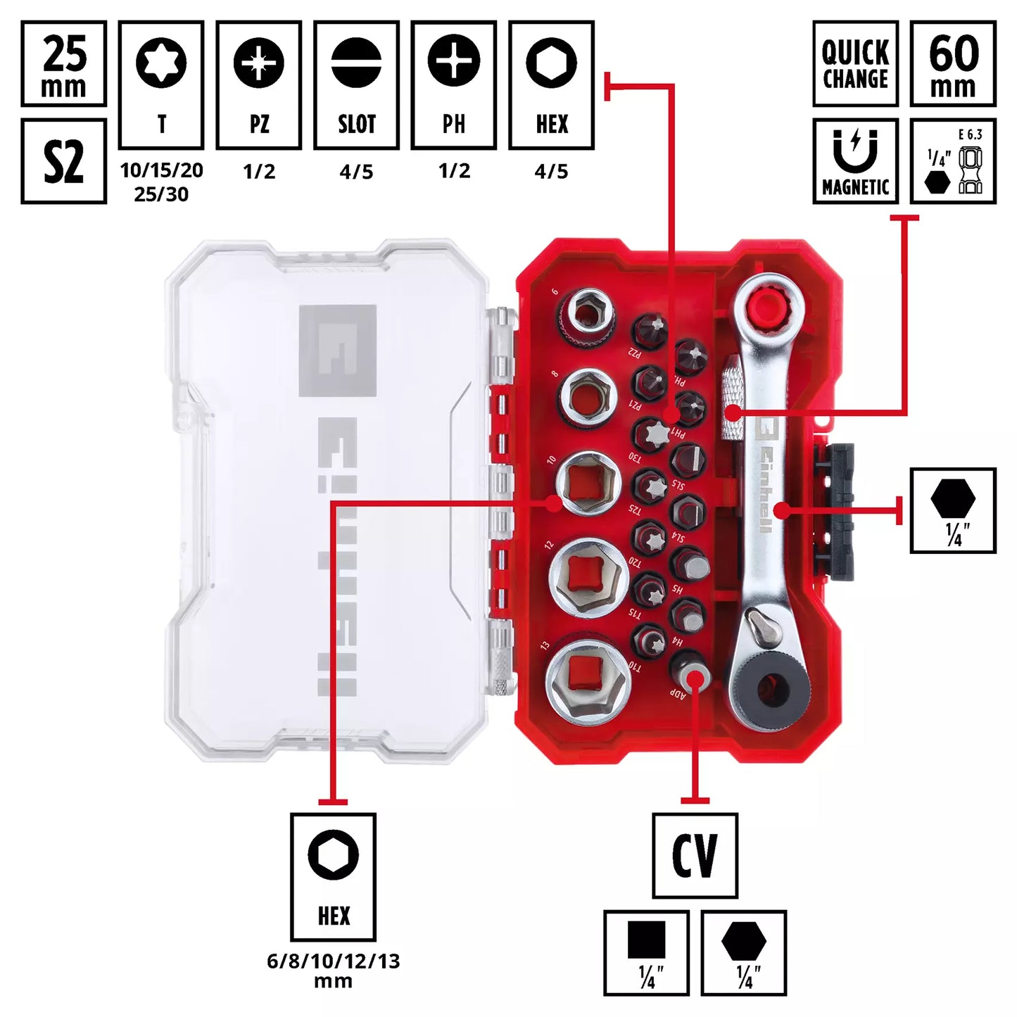 Joc de puntes i vasos XS-CASE 21pc LS Einhell 49118683