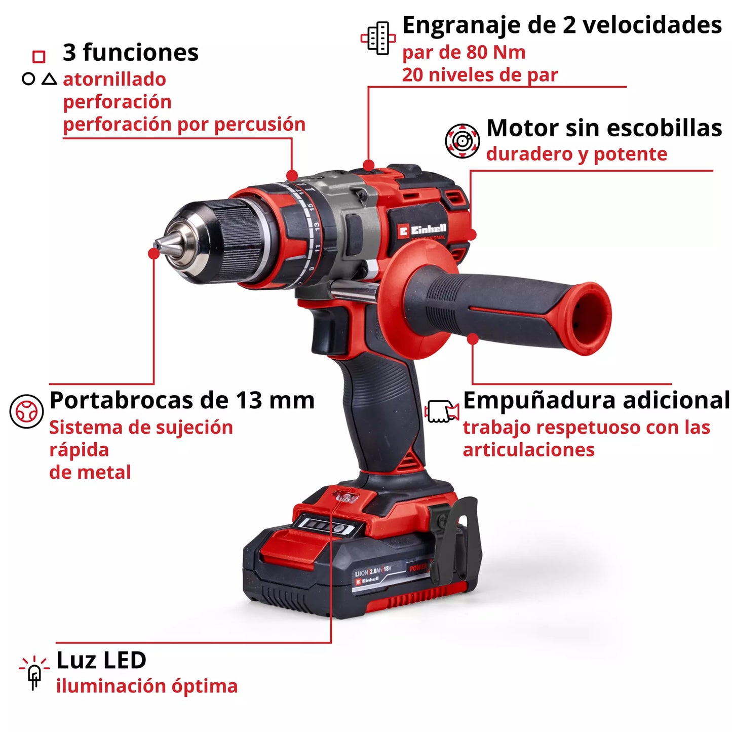 Trepanador percutor 18 V + 2 bateries de 2 Ah + carregador + maletí Einhell TP-CD 18/80 Li-i BL