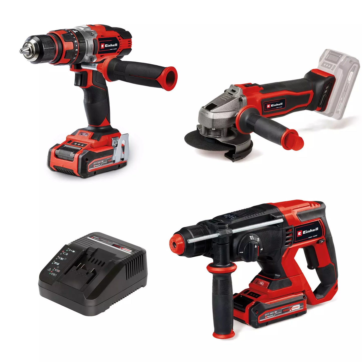 Set 18V Trepant + Martell perforador + Amoladora + 2 bateries de 3.0Ah + Carregador Einhell TE-TK 18/3 Li +2 (CD+AG+HD)