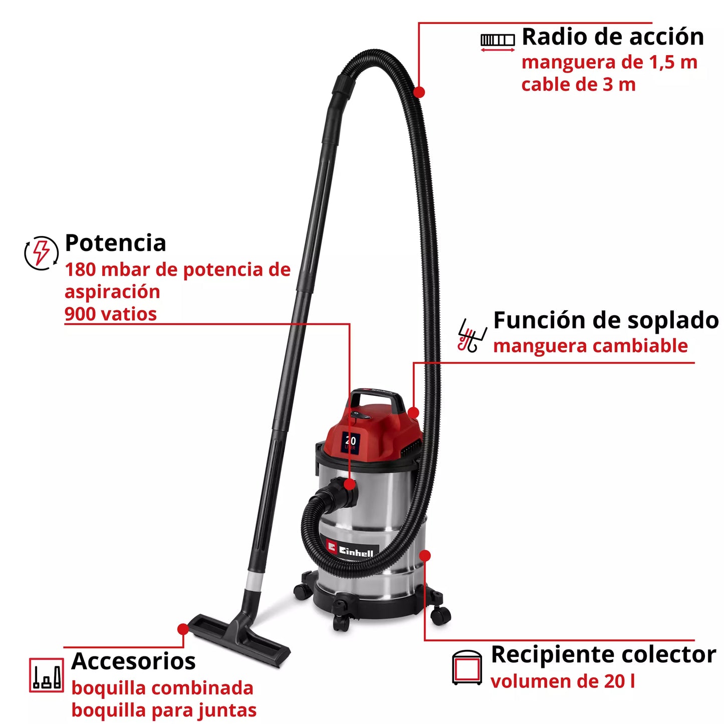 Aspirador en sec i humit de 20L 900W Einhell TC-VC 2045 S