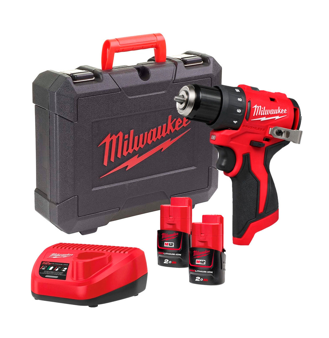 Trepant tornavís + 2 bateries de 2,0Ah + carregador + maletí Milwaukee M12 BLDDRC-202C