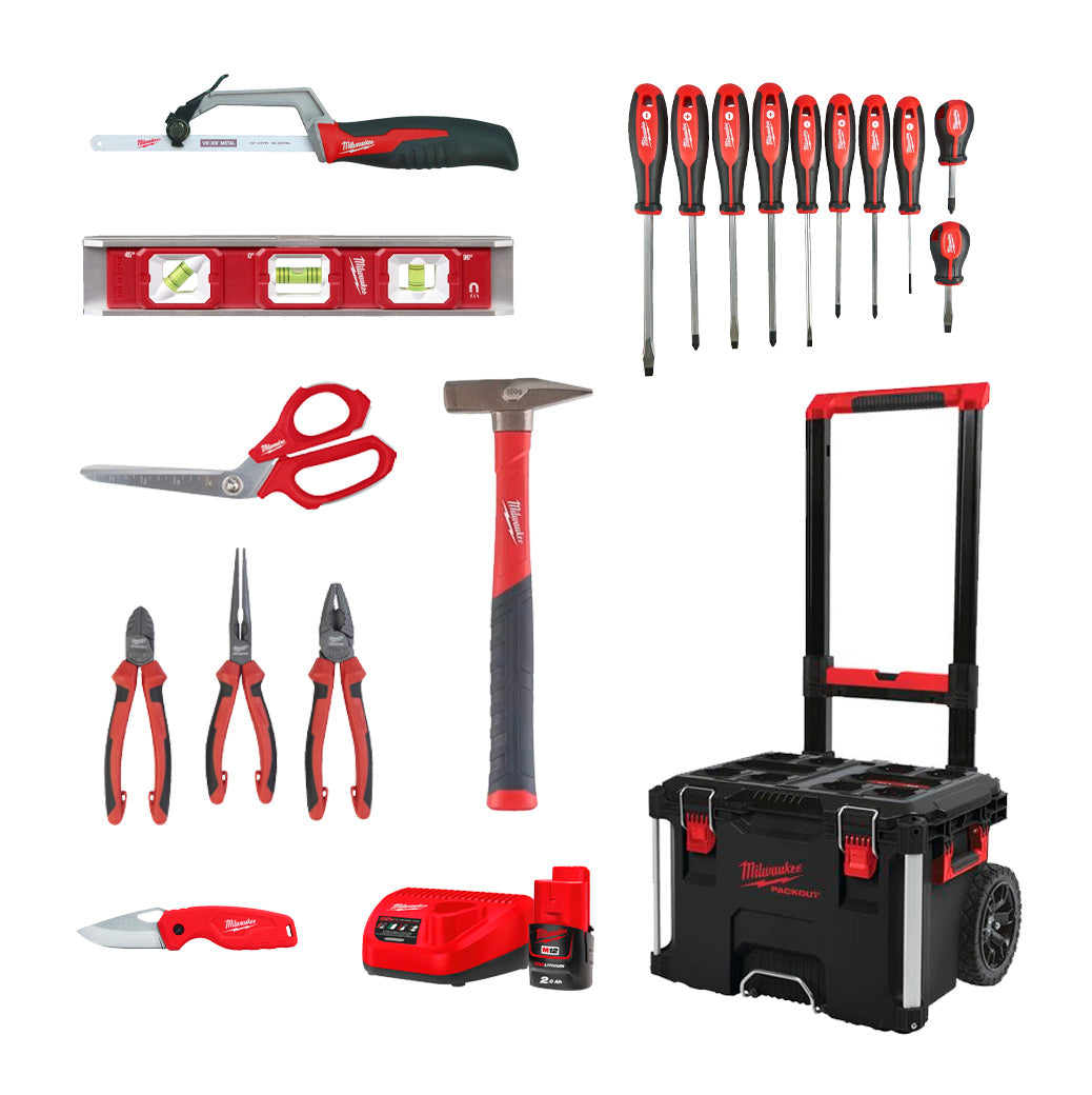 Conjunt especial amb eines manuals + carregador + bateria + bagul amb rodes Milwaukee