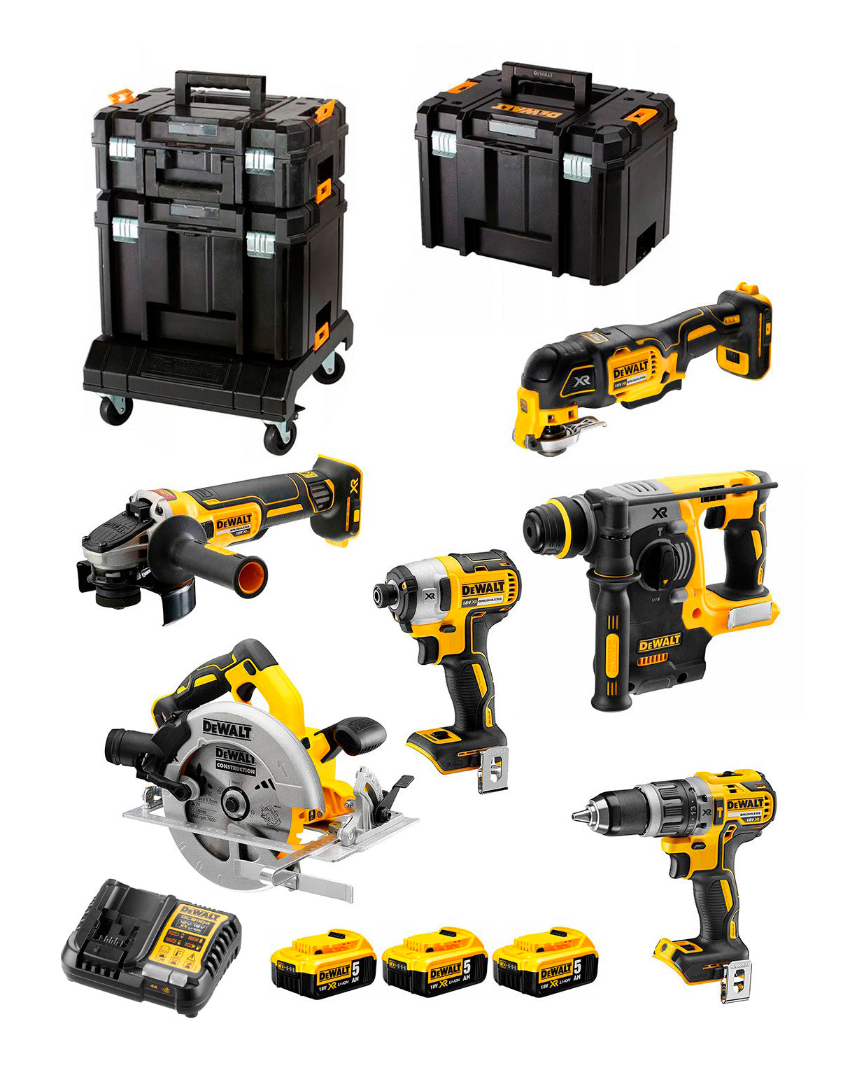 Kit de 6 eines de 18V + 3 bateries de 5Ah + carregador + maletins + base Tstak Dewalt DCK685P3T