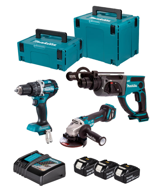 Combo 18V trepant DHP484 + polidora DGA513 + martell DHR202 + 3 bateries de 5Ah + carregador + maletins Makita DLX3093TJ