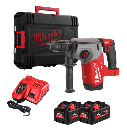 Martell combinat SDS-Plus de 26mm amb Fixtec, 2,5J + 2 bateries de 5.5Ah + carregador + maletí Milwaukee M18 FHX-552X