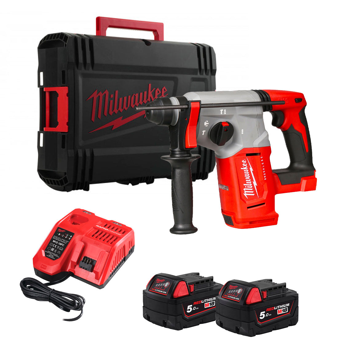 Martell combinat SDS-PLUS de 2,3J M18 de 25mm + 2 bateries de 5Ah + carregador + maletí Milwaukee M18 BLH-502X
