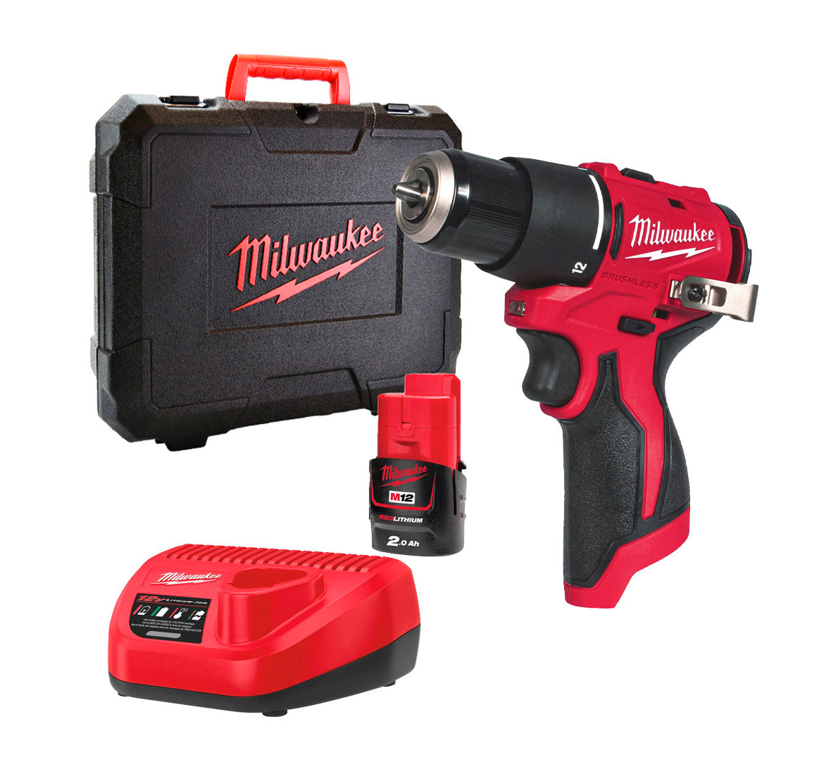 Trepant percutor subcompacte M12 + Bateria de 2 Ah + Carregador + Maletí Milwaukee M12 BLPDRC-202C