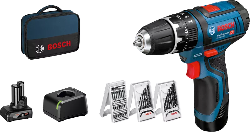 Trepant GSB 12V-15 + bateria de 2Ah + joc de 25 puntes + carregador Bosch